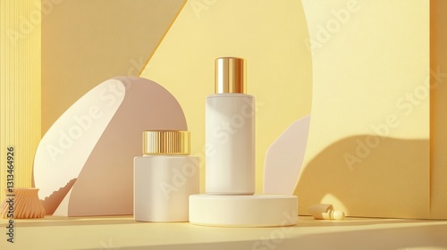 Cream and lotion bottles on a pastel yellow background