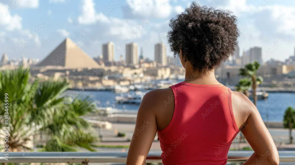 Fototapeta premium Afro tourist woman enjoy travelling at desert near giza Pyramid