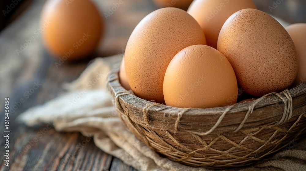 Rustic Still Life of Farm Fresh Chicken Eggs in a Natural Woven Basket Rustic Still Life of Farm Fresh Chicken Eggs in a Natural Woven Basket