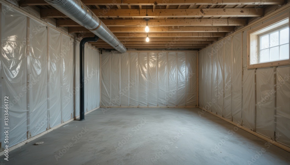 Empty unfinished basement space with plastic sheeting and beams Empty unfinished basement space with plastic sheeting and beams