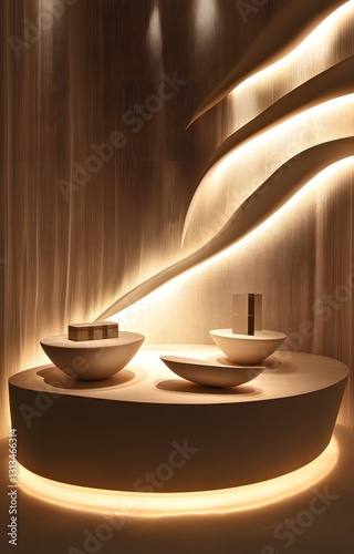 34. A 3D display with soft curves and ambient lighting, leaving a wide empty space for a product to stand out.