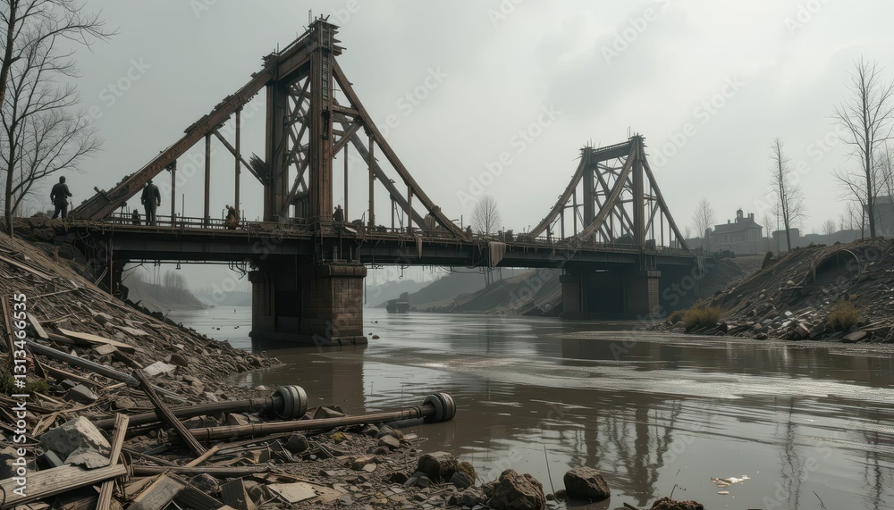 Deteriorating Bridge Over a Murky River with Soldiers and Debris Deteriorating Bridge Over a Murky River with Soldiers and Debris