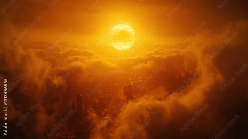 Sun Setting Over a Cloudy Cityscape with Golden Hues Sun Setting Over a Cloudy Cityscape with Golden Hues