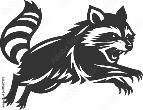 silhouette of a raccoon leaping through the air, mouth open in a snarl animal vector