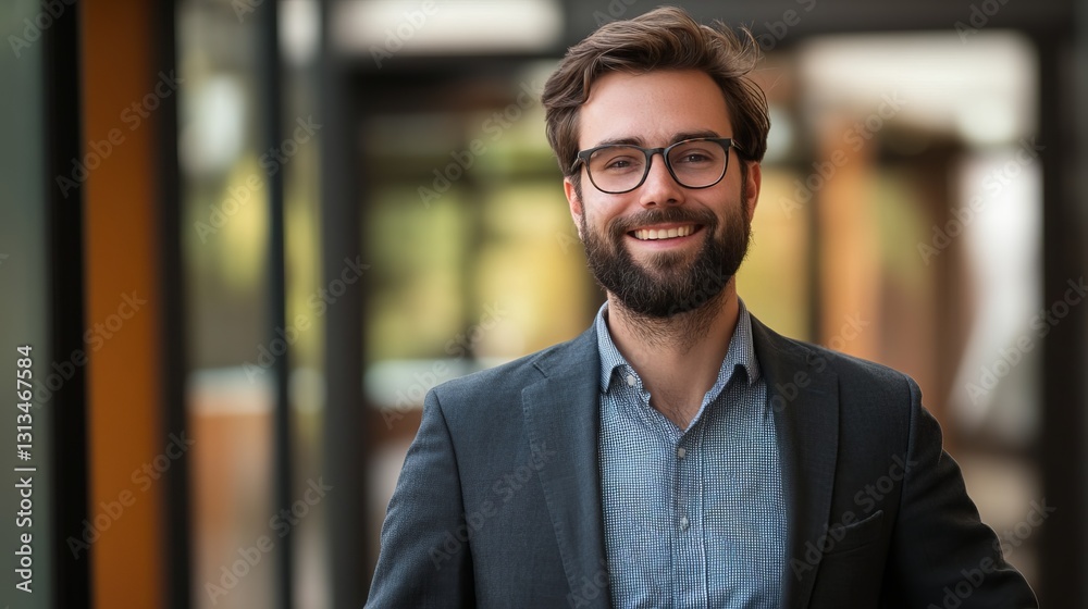 Professional Man Smiling in Modern Office Environment with Technology Professional Man Smiling in Modern Office Environment with Technology