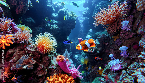 Fototapeta Naklejka Na Ścianę i Meble -  Ocean underwater, marine sea aquatic coral reef fish exotic mysterious deep bioluminescent vibrant colorful diverse ecosystem jellyfish glowing alien surreal