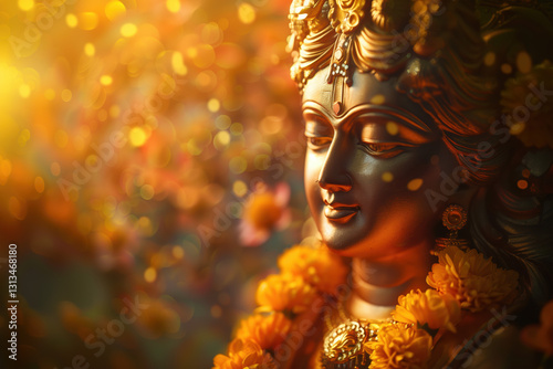 Golden statue of Lord Ramar with abstract background