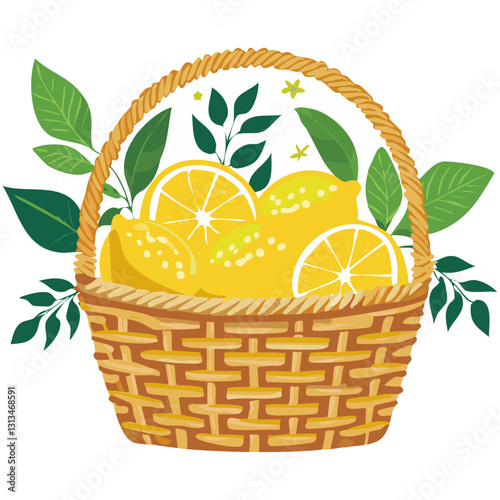 Lemons fruits in basket vector illustration. Yellow ripe citrus fruits harvested on isolated background.