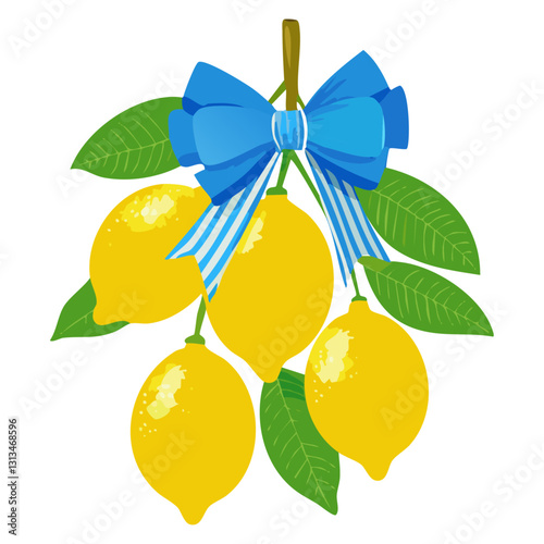 Branch with lemons tied with a blue bow vector illustration. Branches with yellow citrus fruits decorated with a bandage. Italian style composition for postcards and printing on fabric.