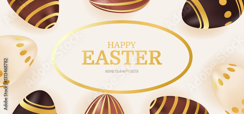 Happy Easter banner. Holiday greeting background with chocolate golden eggs. Template for advertisement, website, social post, invitation, voucher. Vector illustration of brown, beige colors