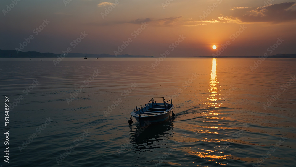 sunset over the sea with a view of a small ship sunset over the sea with a view of a small ship