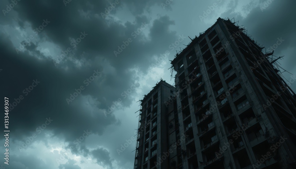 Abandoned High-Rise Building Under Dark Stormy Sky at Dusk Abandoned High-Rise Building Under Dark Stormy Sky at Dusk