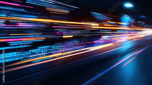 Abstract Motion Blur of Colorful Lights and Digital Lines in Urban Environment
