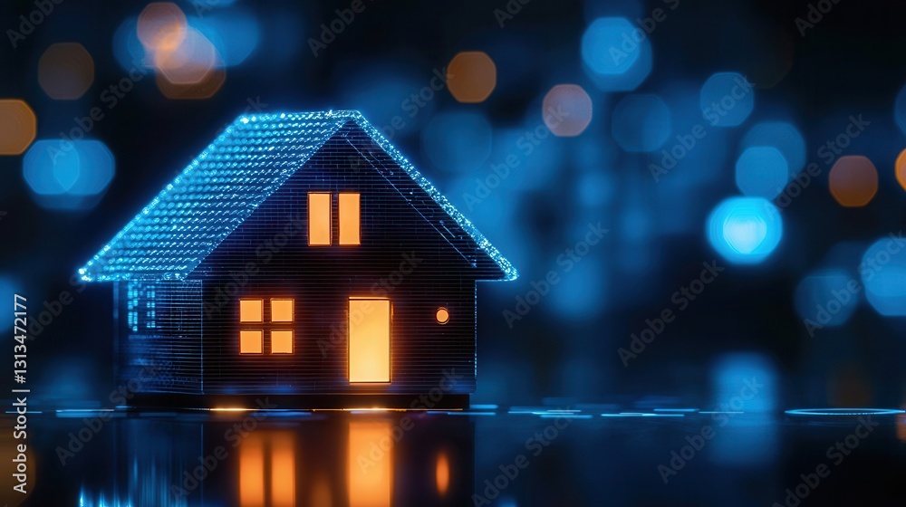 Digital House Model with Neon Lights and Soft Focus Background Digital House Model with Neon Lights and Soft Focus Background