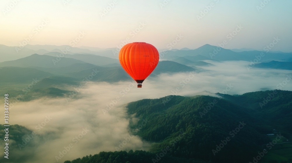 Fototapeta premium Orange Hot Air Balloon Floating Over Misty Mountain Landscape