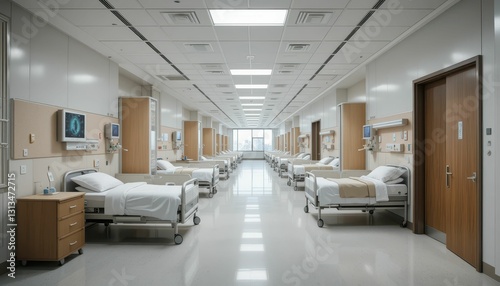 Modern hospital ward with empty patient rooms and clean environment