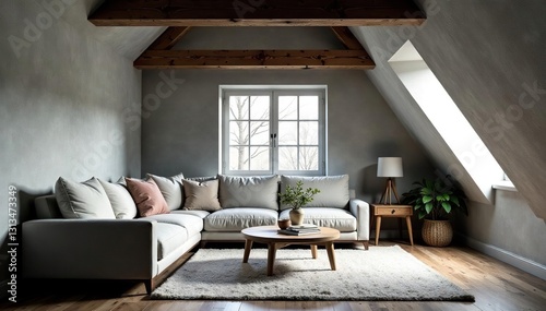 Grey walls, sofa, exposed beams, attic window, wood, attic, conversion