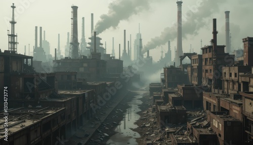 Industrial Landscape with Smokestacks and Pollution in a City