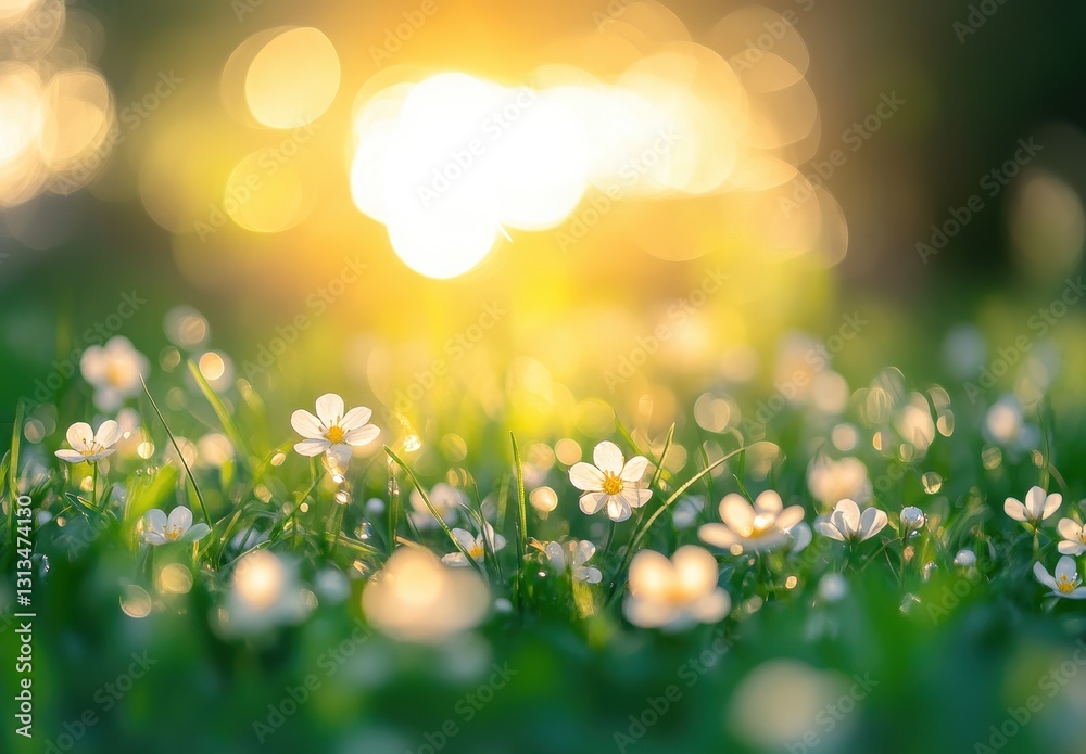 Obraz premium Glowing Sunshine Over a Field of Delicate White Flowers and Green Grass Captured in Soft Focus with Enchanting Bokeh Effect in a Serene Natural Setting