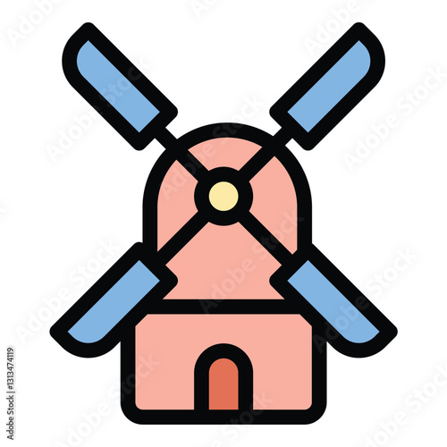 Windmill icon in flat line style representing renewable energy agriculture and traditional milling ideal for sustainability farming and rural concepts.