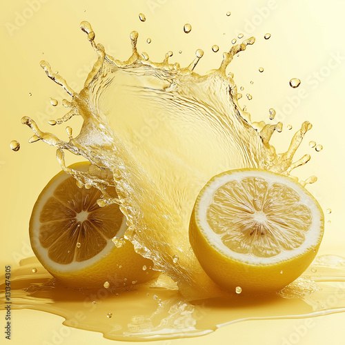 Fresh lemons splashing in liquid, creating vibrant droplets and lively scene. bright yellow background enhances freshness and zest of lemons