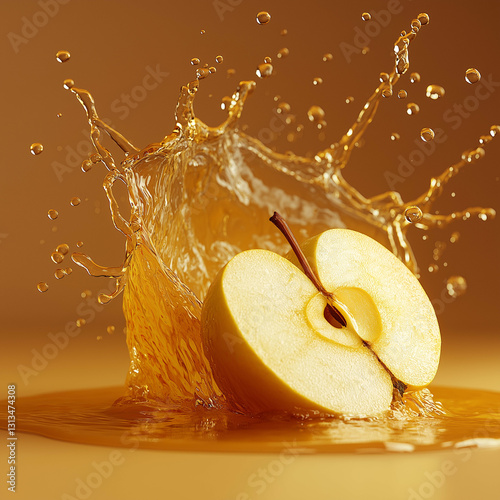Fresh apple slice splashing into juice, creating dynamic droplets and vibrant colors. image captures essence of freshness and vitality