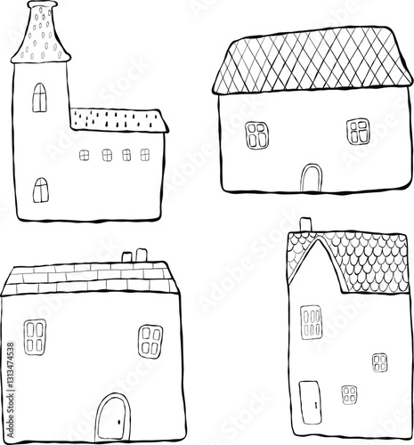Hand-drawn vector illustration of whimsical fairy-tale houses in black and white. Perfect for coloring pages, prints, stickers, greeting cards, and children’s designs. Scalable and editable.