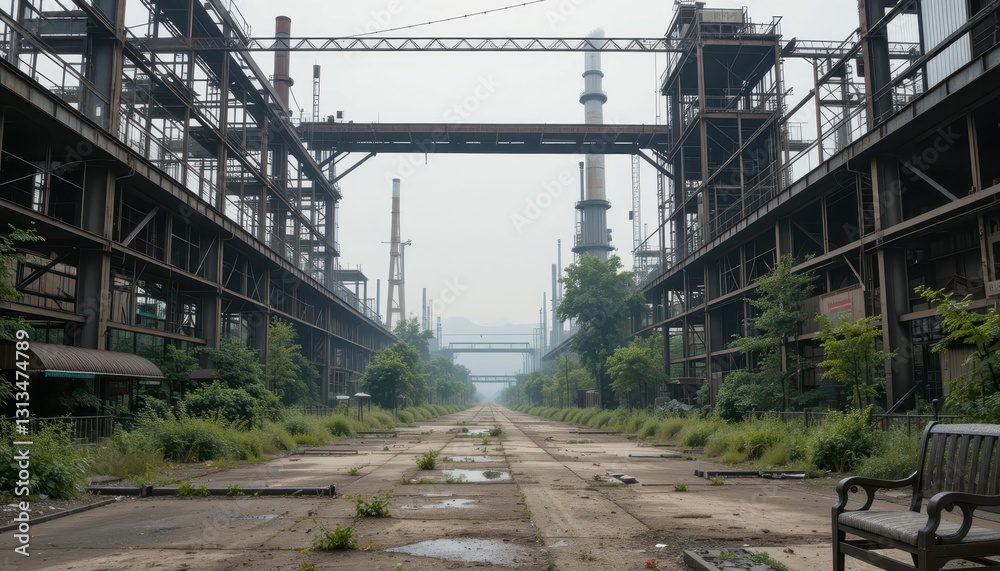Abandoned Industrial Complex with Overgrown Pathway and Structures Abandoned Industrial Complex with Overgrown Pathway and Structures