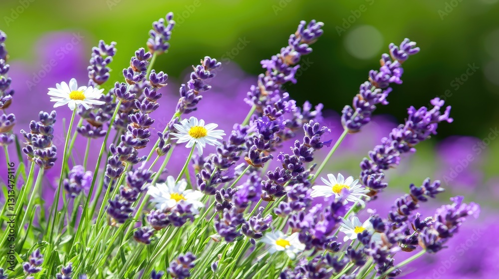 Fototapeta premium Lavender and Daisy Blooms in Sunlit Flower Garden