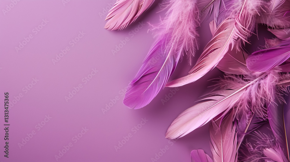 Obraz premium Feathers on a purple background, suitable for design with copy space, ideal for Mardi Gras celebration.