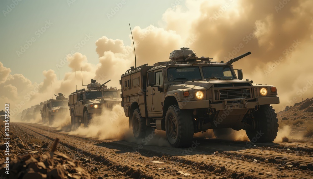 Fototapeta premium Military Convoy Traveling Through Dusty Terrain in Desert Environment
