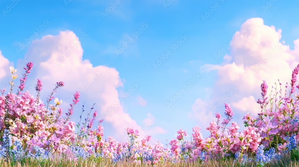 Vibrant Spring Meadow with Wildflowers Under Blue Sky and Clouds Vibrant Spring Meadow with Wildflowers Under Blue Sky and Clouds