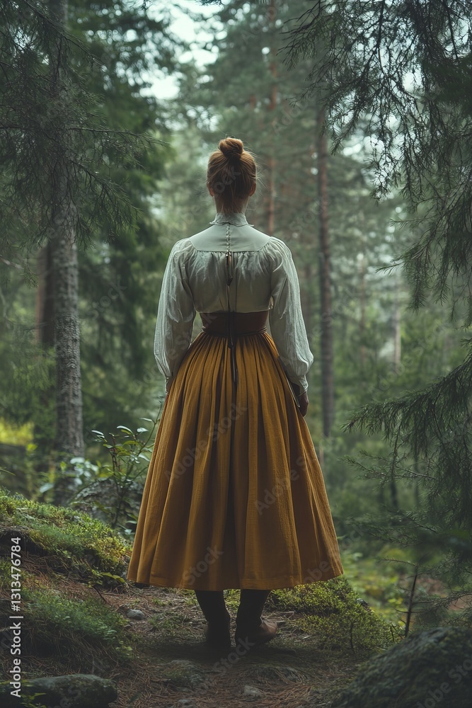 Fototapeta premium Woman in Vintage Dress Strolling Through a Serene Forest Setting