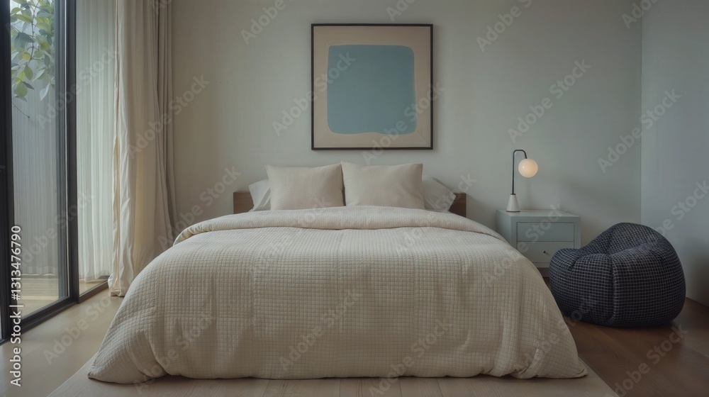 Generative AI, Minimalist Bedroom with Playful Textures and Pastel Accents Generative AI, Minimalist Bedroom with Playful Textures and Pastel Accents