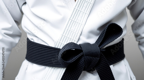 close-up of a jiu-jitsu black belt tied around a white gi photo