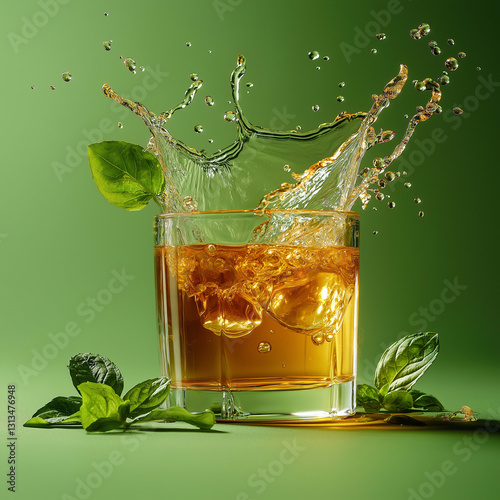 Refreshing splash of beverage with ice and basil leaves on green background