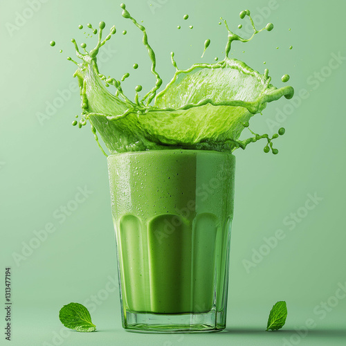 Fresh green smoothie with splash effect, showcasing vibrant color and texture. image captures essence of health and vitality, perfect for wellness themes