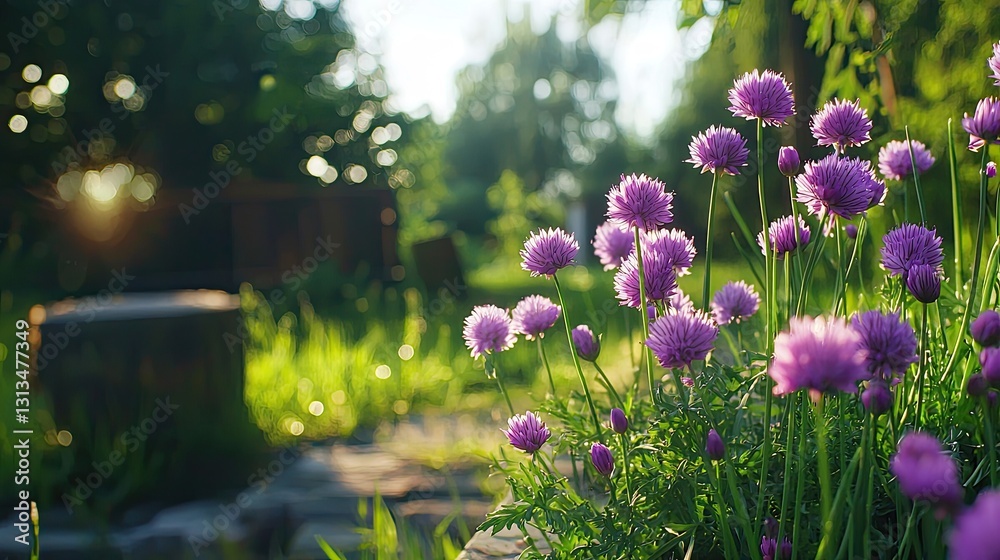 Obraz premium Vibrant Purple Flowers in Sunny Garden with Blurred Background