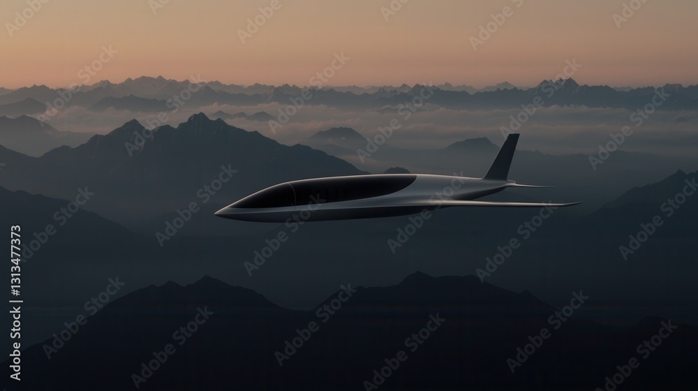 Sleek Futuristic Aircraft Flying Above Majestic Mountain Range at Sunset Sleek Futuristic Aircraft Flying Above Majestic Mountain Range at Sunset