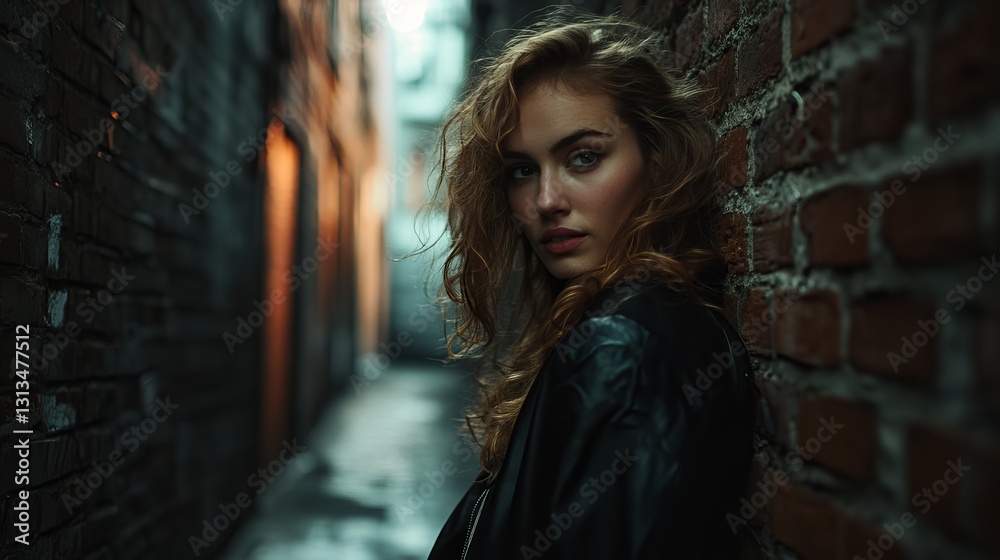 Fototapeta premium Young Woman in Urban Alley with Dim Lighting and Brick Wall