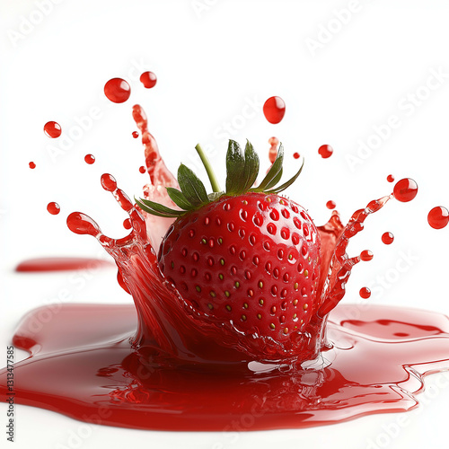 Fresh strawberry splashing in vibrant red liquid, showcasing dynamic movement and vivid colors. image captures essence of freshness and vitality
