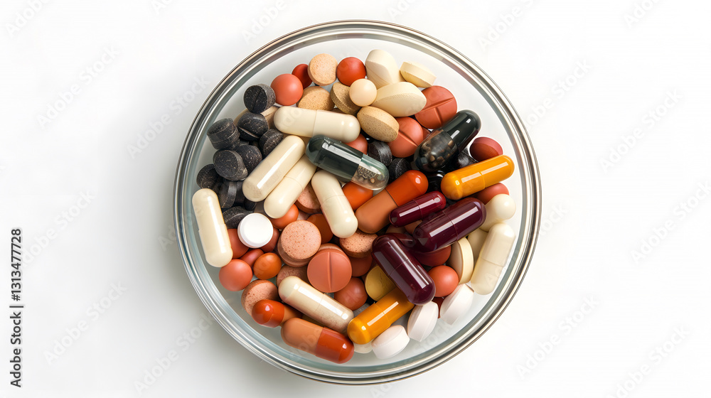 glass bowl filled with assorted pills and capsules on a white background glass bowl filled with assorted pills and capsules on a white background