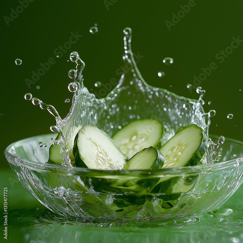 Fresh cucumber slices splashing in water, creating dynamic droplets and ripples. vibrant green background enhances refreshing feel of this image