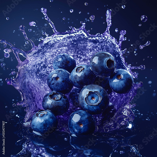 Fresh blueberries splashing in water, creating vibrant purple droplets. image captures essence of freshness and vitality, showcasing juicy texture and rich color of berries