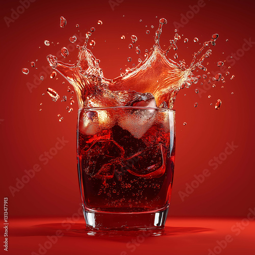 Refreshing splash of soda in glass with ice against vibrant red background, capturing dynamic movement and crisp details of liquid