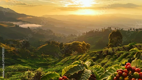 Scenic view of a lush coffee plantation at sunrise with rolling green hills and misty mountains in the background.