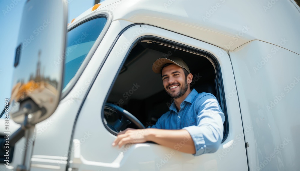 Friendly truck driver smiling in modern vehicle cabin on sunny day