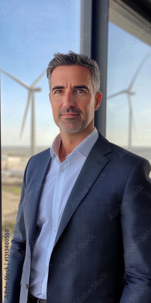 Confident Businessman Standing by Window Overlooking Wind Turbines Confident Businessman Standing by Window Overlooking Wind Turbines