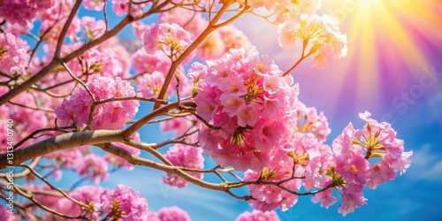 A vibrant pink trumpet tree flower in full bloom against a bright blue sky with gentle sunlight filtering through its delicate petals , nature, spring flowers