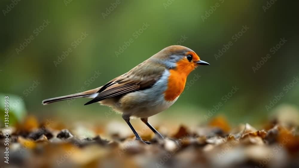 Charming Robin in Autumn Leaves, Charming Robin horizontal slow motion high resolution cinematic video Charming Robin in Autumn Leaves, Charming Robin horizontal slow motion high resolution cinematic video